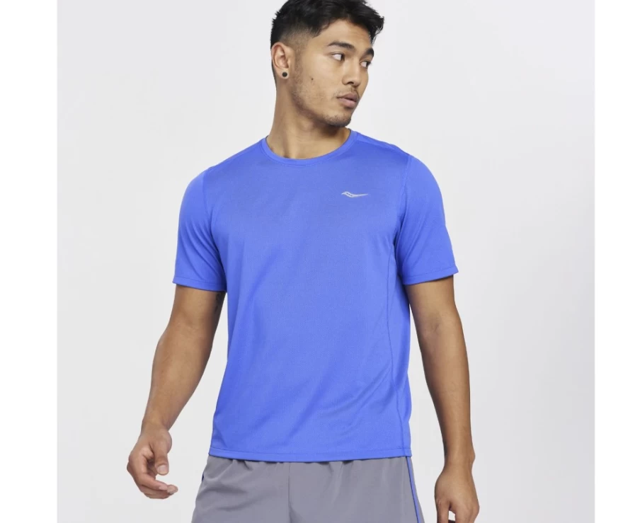 Saucony Men's Blue Raz Performance Short Sleeve Running Shirt with Stopwatch Design