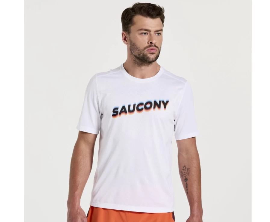 Saucony Men's White Graphic Short Sleeve T-Shirt with Stopwatch Design