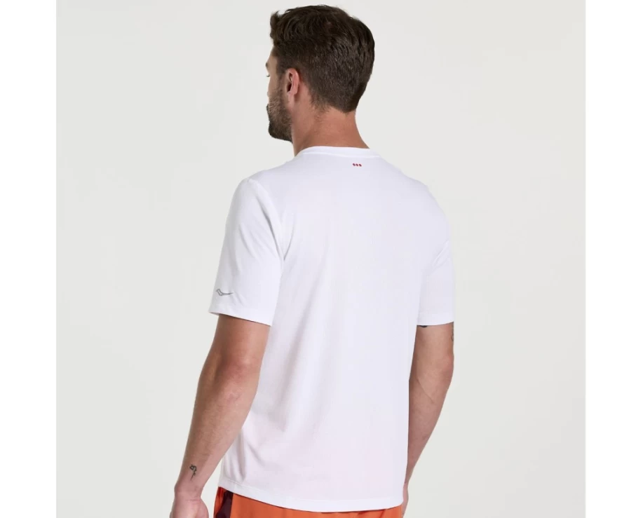 Saucony Men's White Graphic Short Sleeve T-Shirt with Stopwatch Design