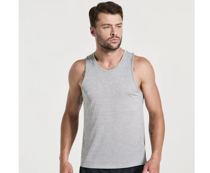 Saucony Men's Light Grey Heather Performance Running Singlet – Breathable Athletic Stopwatch Tank Top