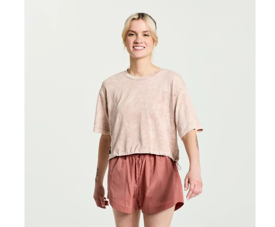 Saucony Women's Unwind Crop Short Sleeve T-Shirt in Sepia Rose - Comfortable Athletic Top for Running & Yoga