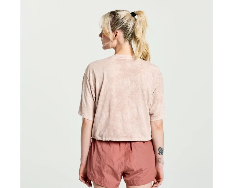 Saucony Women's Unwind Crop Short Sleeve T-Shirt in Sepia Rose - Comfortable Athletic Top for Running & Yoga