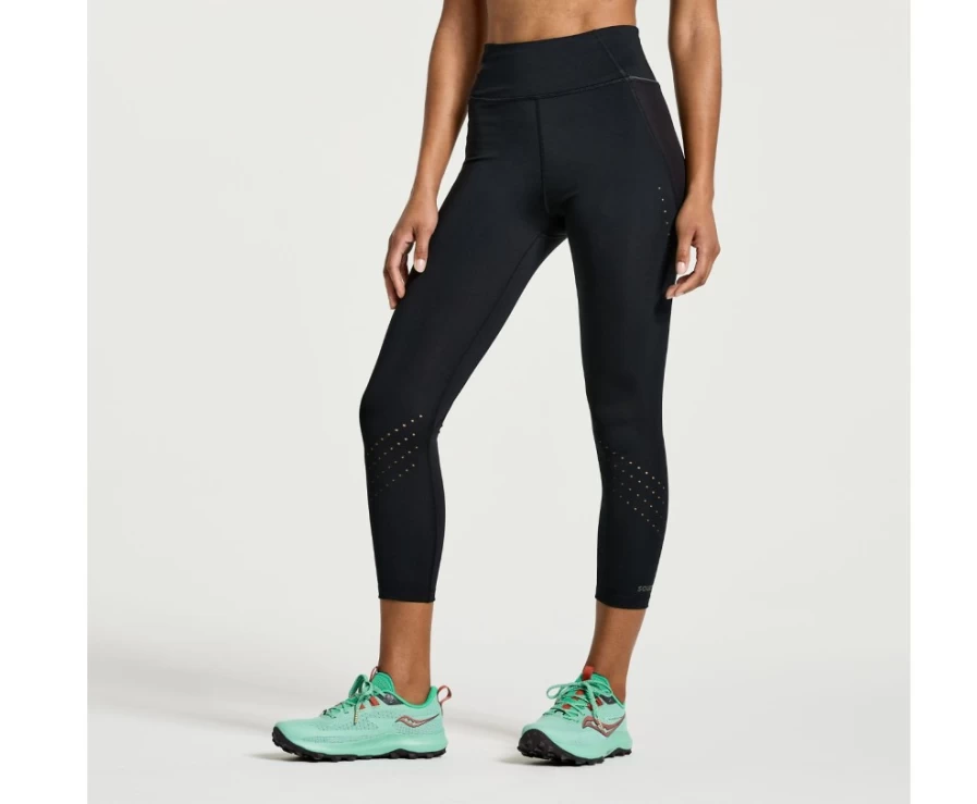 Saucony Women's Explorer Utility Crop Tight - Black Athletic Performance Tights for Running & Training