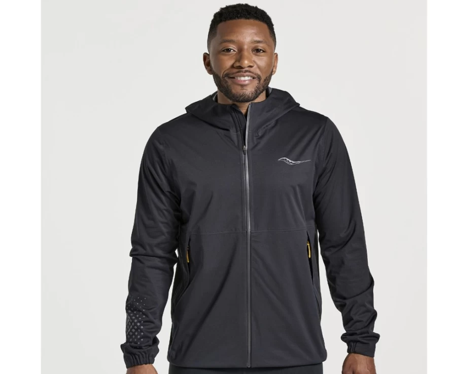 Saucony Men's Black Boulder Drizzle Jacket - Water-Resistant Outdoor Windbreaker
