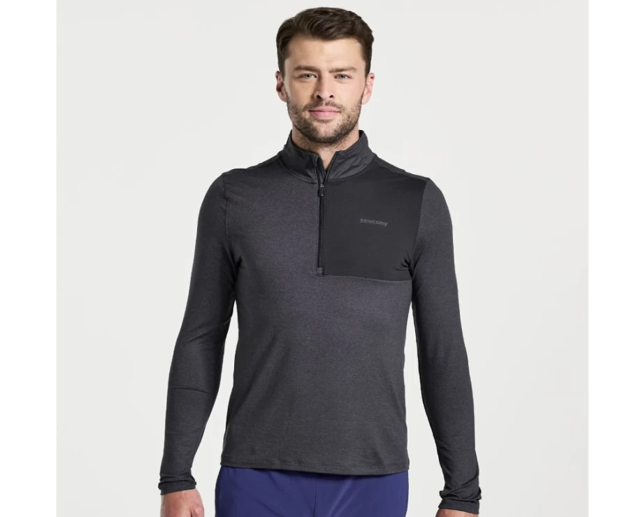Saucony Men's Black Heather 1/4 Zip Pullover - Lightweight Performance Sunday Run Top