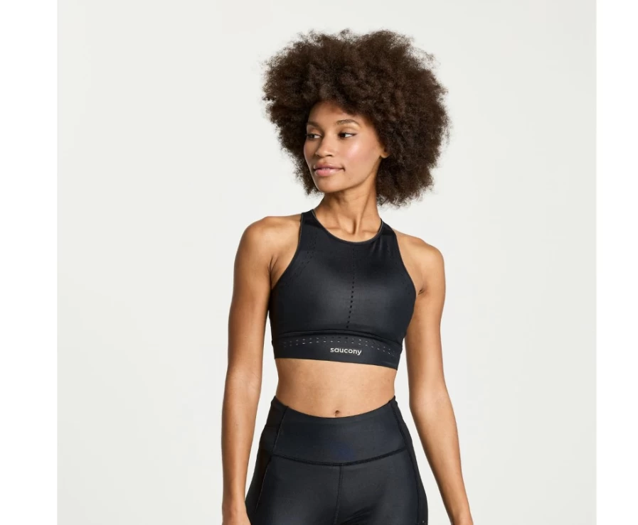 Saucony Women's Black Pinnacle Bra Top - High-Performance Workout & Running Shirt