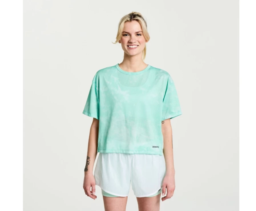 Saucony Women's Elevate Short Sleeve Tee in Atmos Tie-Dye Print - Lightweight Running Top