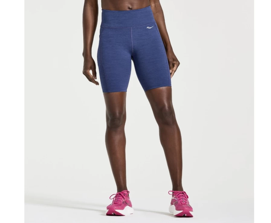 Saucony Women's Fortify 8" Biker Shorts in Sodalite Heather - High-Waisted Workout Shorts for Running & Cycling