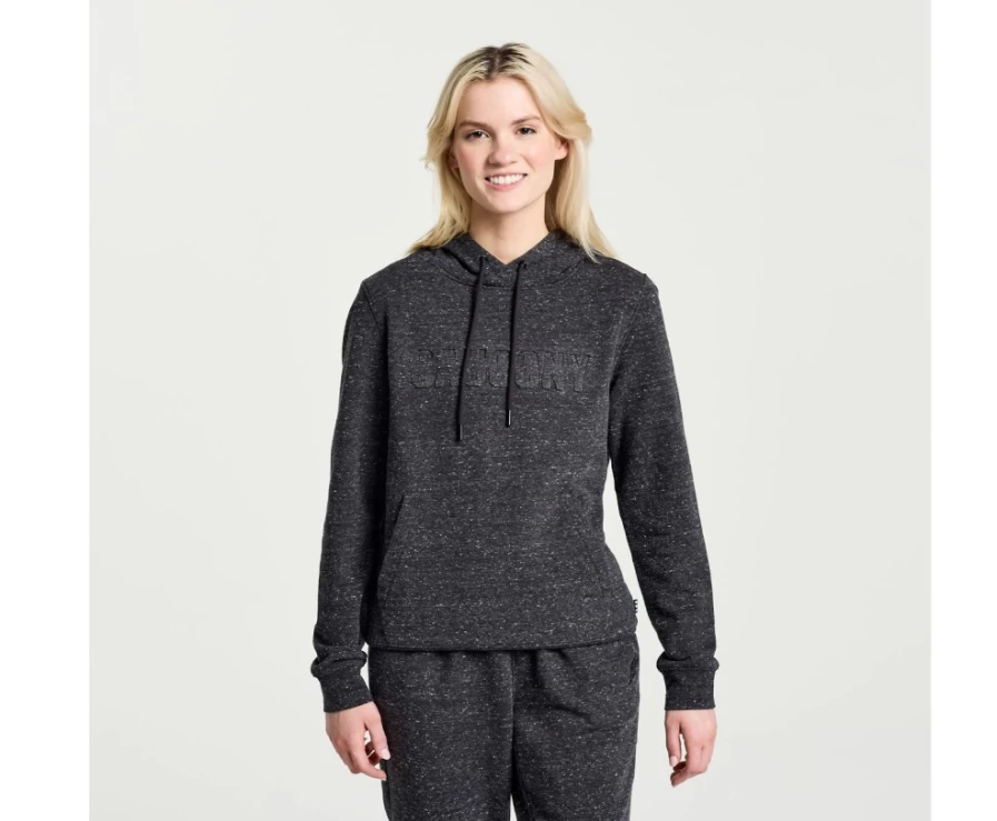 Saucony Women's Black Heather Graphic Rested Hoodie - Comfortable Pullover Sweatshirt