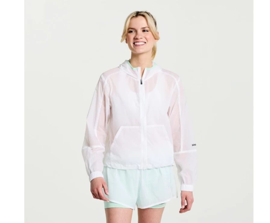 Saucony Women's White Elevate Packable Jacket - Lightweight Water-Resistant Windbreaker