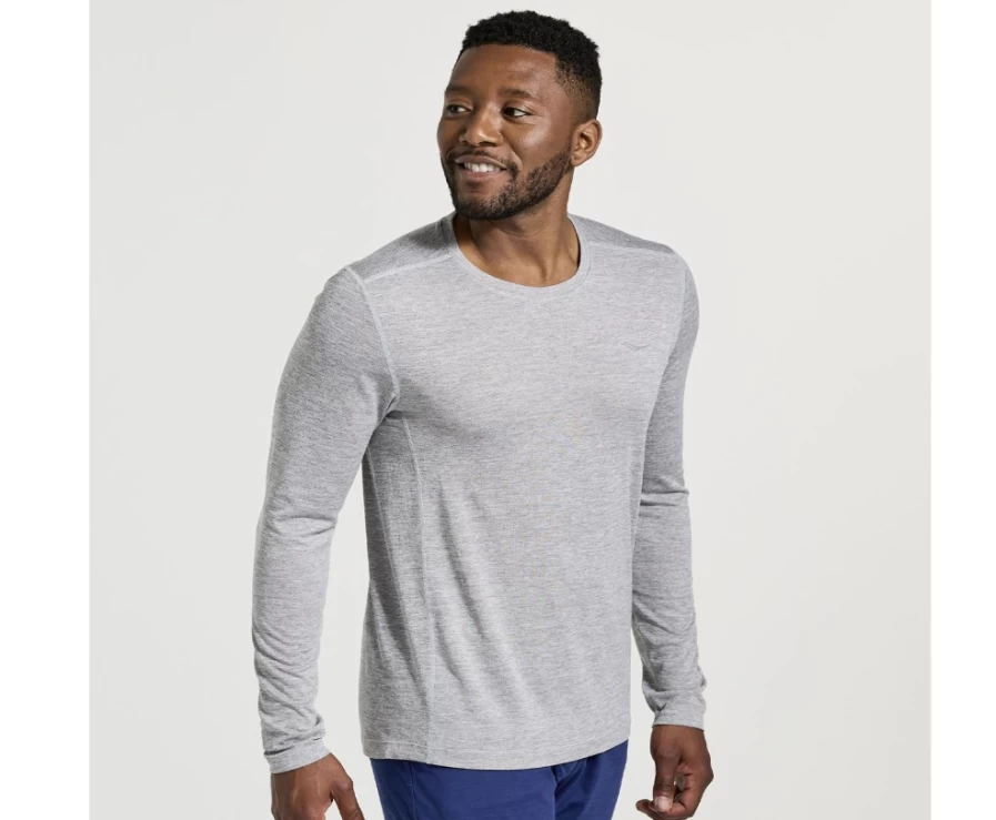 Saucony Men's Light Grey Heather Long Sleeve Stopwatch Performance Shirt