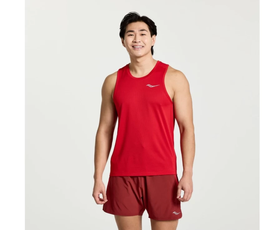 Saucony Men's Performance Running Singlet in Poppy Red - Lightweight Athletic Stopwatch Tank Top