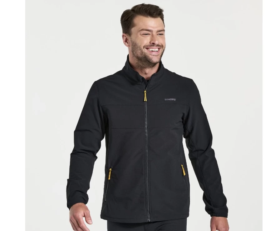 Saucony Men's Black Bluster Jacket - Lightweight Water-Resistant Outdoor Windbreaker