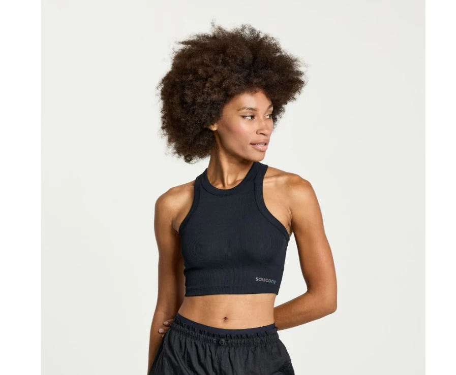 Saucony Women's Black Elevate Crop Top - Lightweight Workout Shirt for Running & Fitness