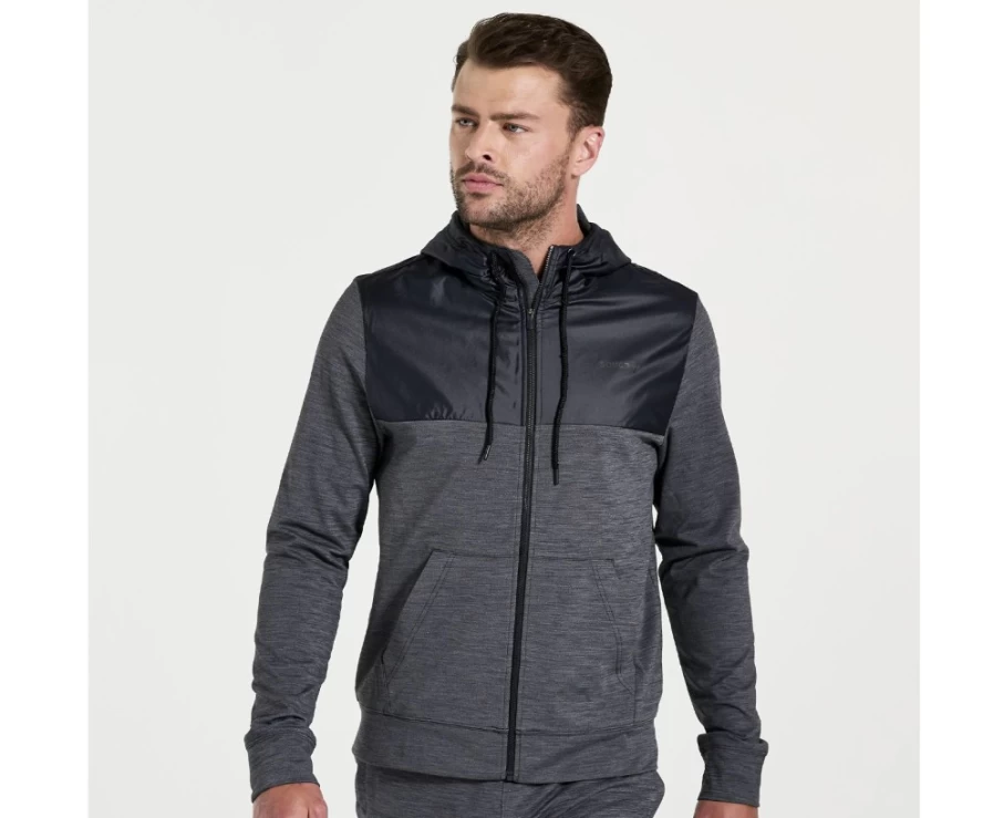 Saucony Men's Solstice Zip Hoody - Black Heather Fleece Jacket for Running & Training