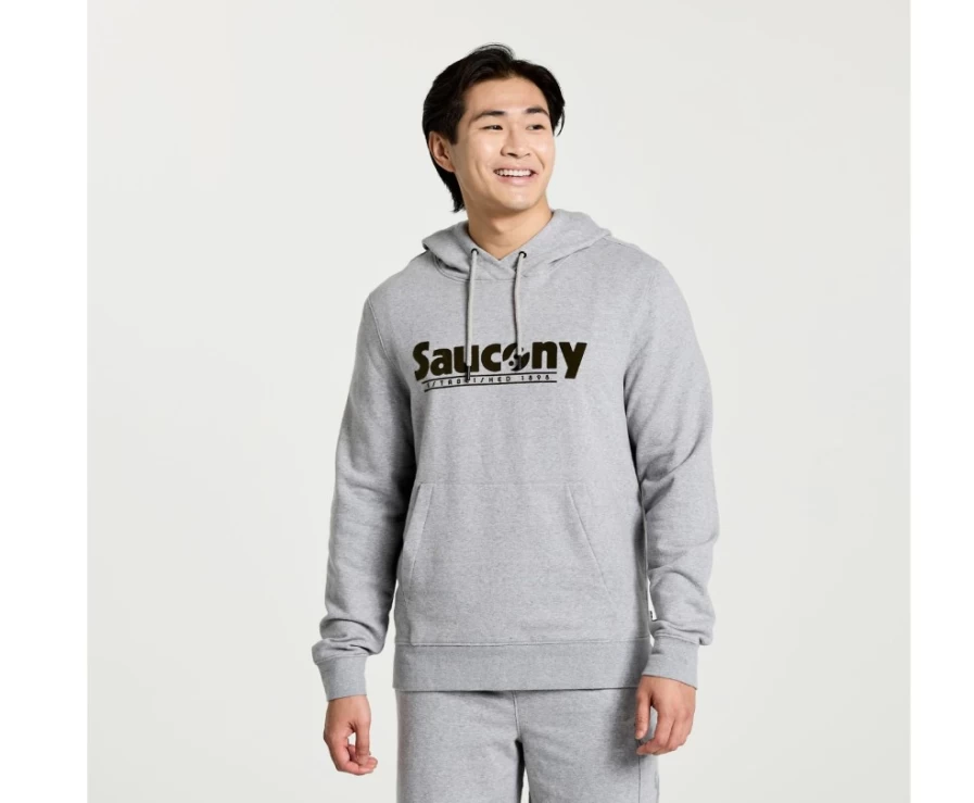Saucony Men's Light Grey Heather Graphic Rested Hoodie - Comfortable Pullover Sweatshirt