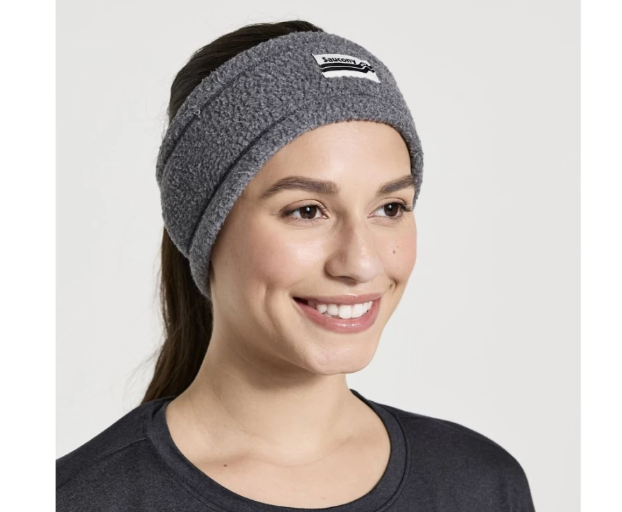 Saucony Women's Rested Sherpa Headband in Black Heather - Warm Fleece Winter Headwrap