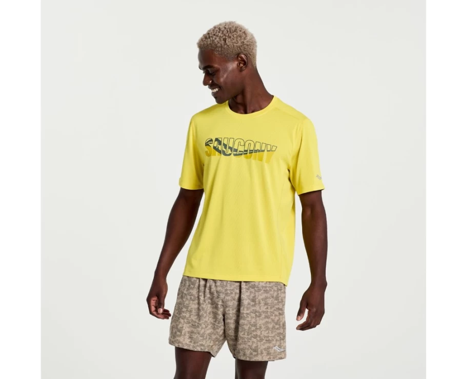 Saucony Men's Sulphur Heather Graphic Short Sleeve T-Shirt with Stopwatch Design